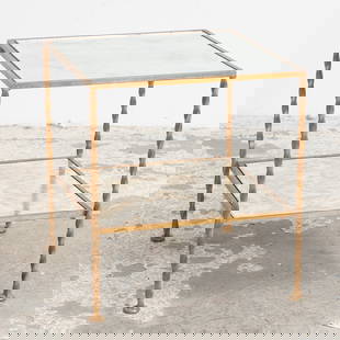 Two-Tier Brass Side Table: With mirrored glass inserts (22 1/4" h x 20" square) Scratches, overall wear to finish