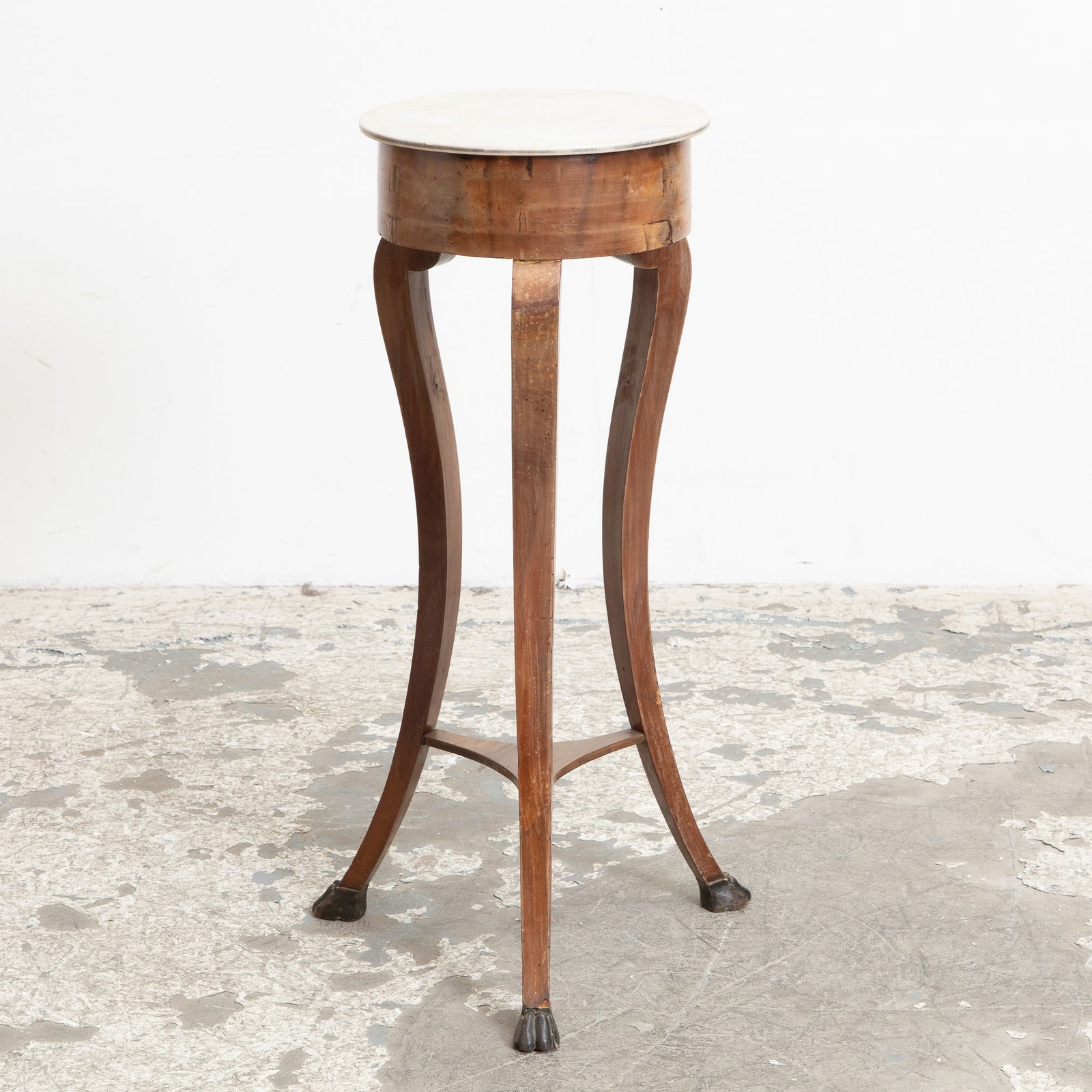 Continental Walnut and Marble Top Pedestal: . (34 3/4" h x 13 3/4" dia) Scratches, chips, minor cracks