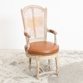 Louis Style White Painted Caned and Leather Upholstered Armchair