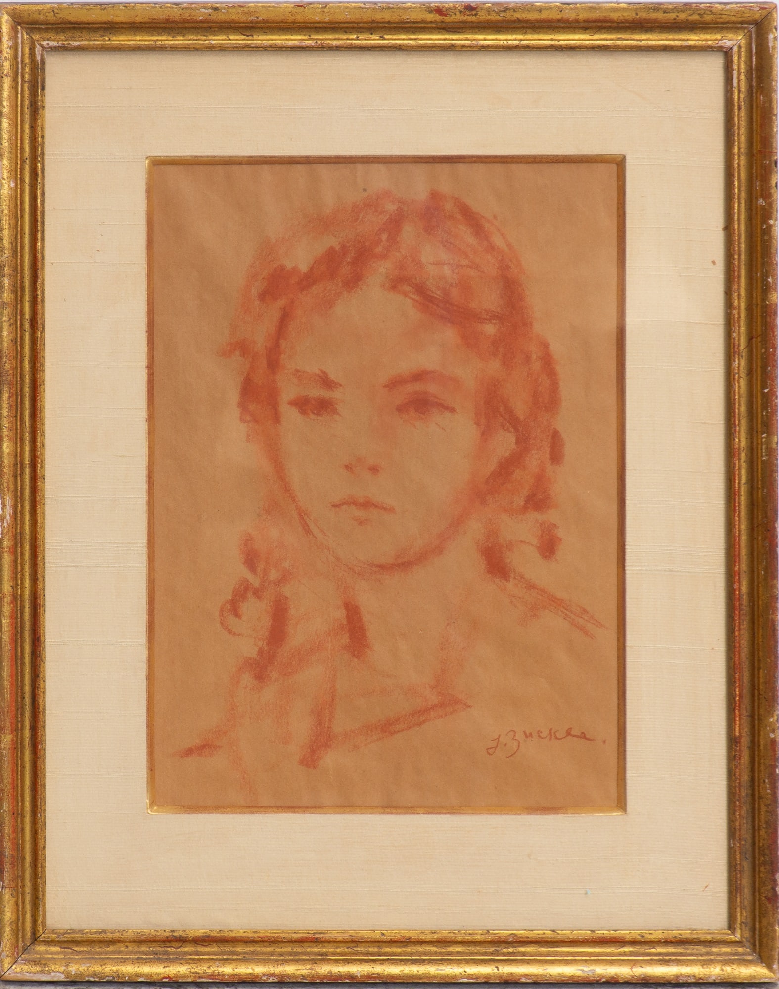 Jacques Zucker: Portrait of a Young Girl Reproduction print Signed (lr) (Sight 13 1/4" h x 9 1/2" w Overall 20 3/8" x 16 1/2") Wear to frame
