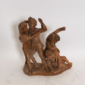 Painted Plaster Figural Group of Four Boys in a Fight