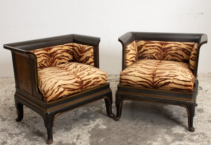 Pair of Asian Style Tiger Print Upholstered Painted Wood Club Chairs