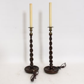Pair of Stained Wood Spiral Column Table Lamps