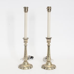 Pair of Silver Plate Candlestick Form Lamps