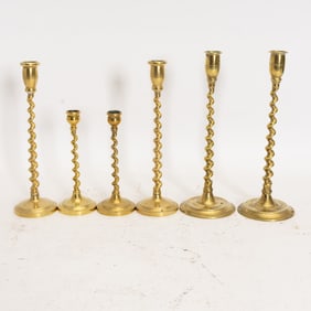 Three Pairs of Brass Barley Twist Candlesticks
