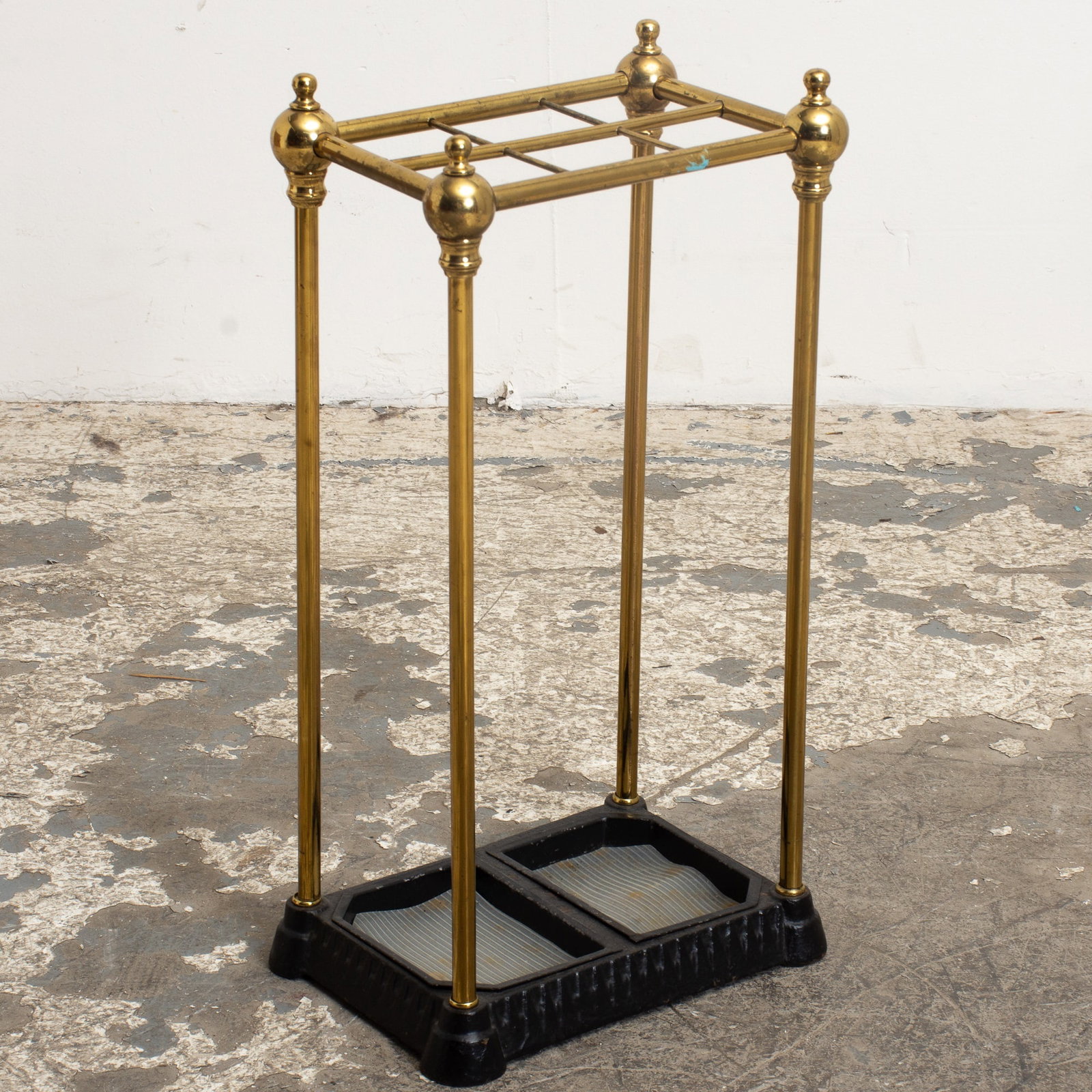 Brass Umbrella Stand: - (25" h x 12 1/2" w x 9" d) Wear to patina