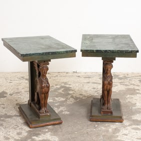 Pair of Sphinx Form Marble Top Side Tables