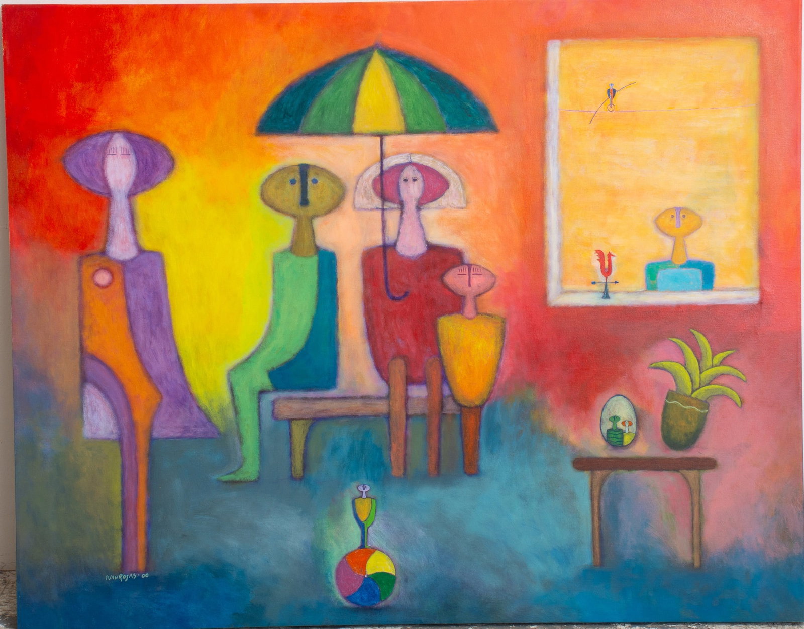 Ivan Rojas: Acrylic on canvas Signed and dated (ll) (39 5/8" h x 51 1/8" w) No frame, wear to edges