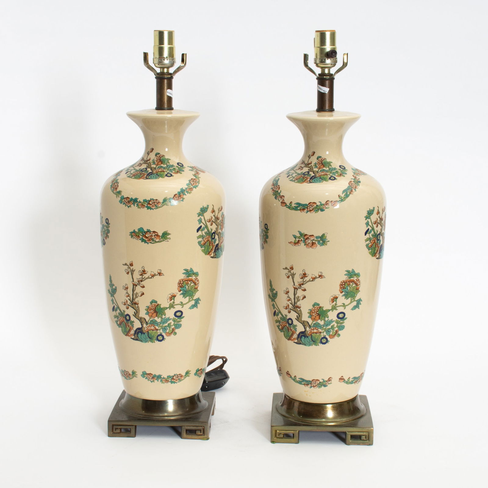 Pair of Floral-Decorated Ceramic Vases: Mounted as lamp On brass base (Vase 17" h Overall 24" h) Untested