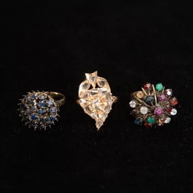 Group of Three Gold, Gold-Filled, Gem-Set and Diamond Rings