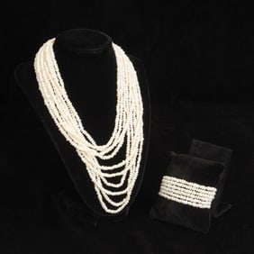 Gilt-Metal and Cultured Pearls Multistrand Necklace and Bracelet Set