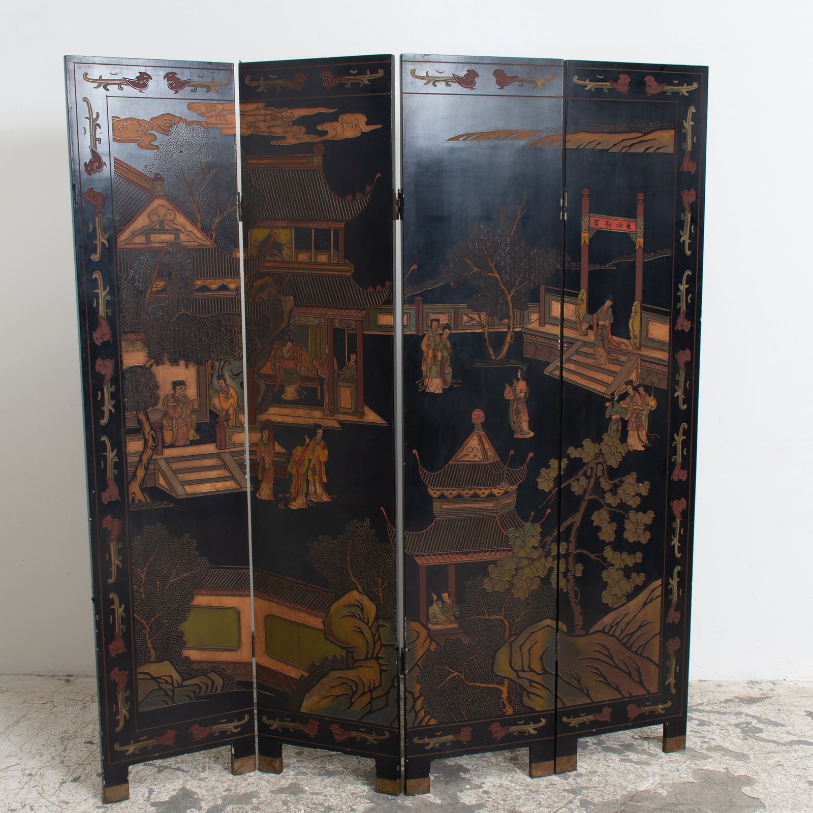 Chinese Carved Lacquer Four Panel Screen (1 of 12)