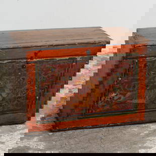 Tibetan Style Paint Decorated Chest: . (17 5/8" h x 26" w x 15 1/4" d) Crack, lost to finish, scratches and dings, broken hinges