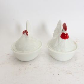 Two Milk Glass Nesting Hen Form Covered Dishes