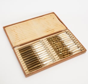 Mother of Pearl Handled Gilt Metal Fruit Forks and Knives Set