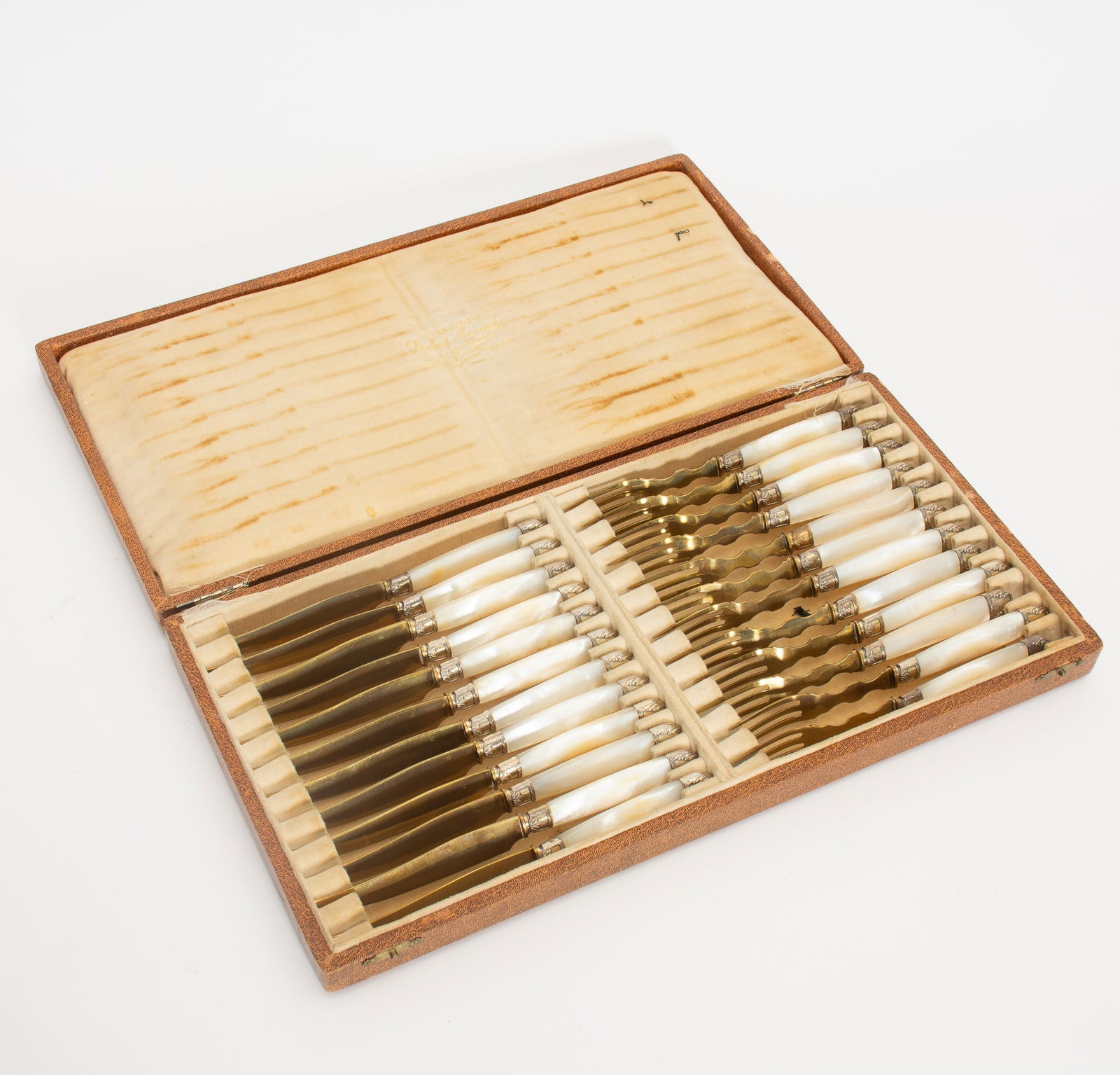 Mother of Pearl Handled Gilt Metal Fruit Forks and Knives Set (1 of 6)