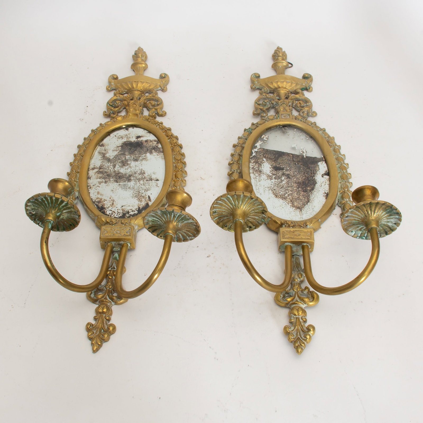 Pair of Gilt Metal Girandoles: With mirrored center (23 3/4" h x 9 1/2" w x 5" d) Age to mirror, scratches