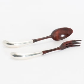 Sterling Handled Wood Salad Spoon and Fork Set