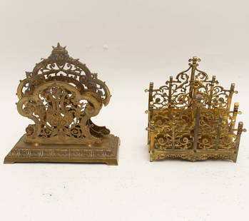 Two Brass Letter Racks: . (Larger 9" h x 9" w x 4 1/8" d) Dents