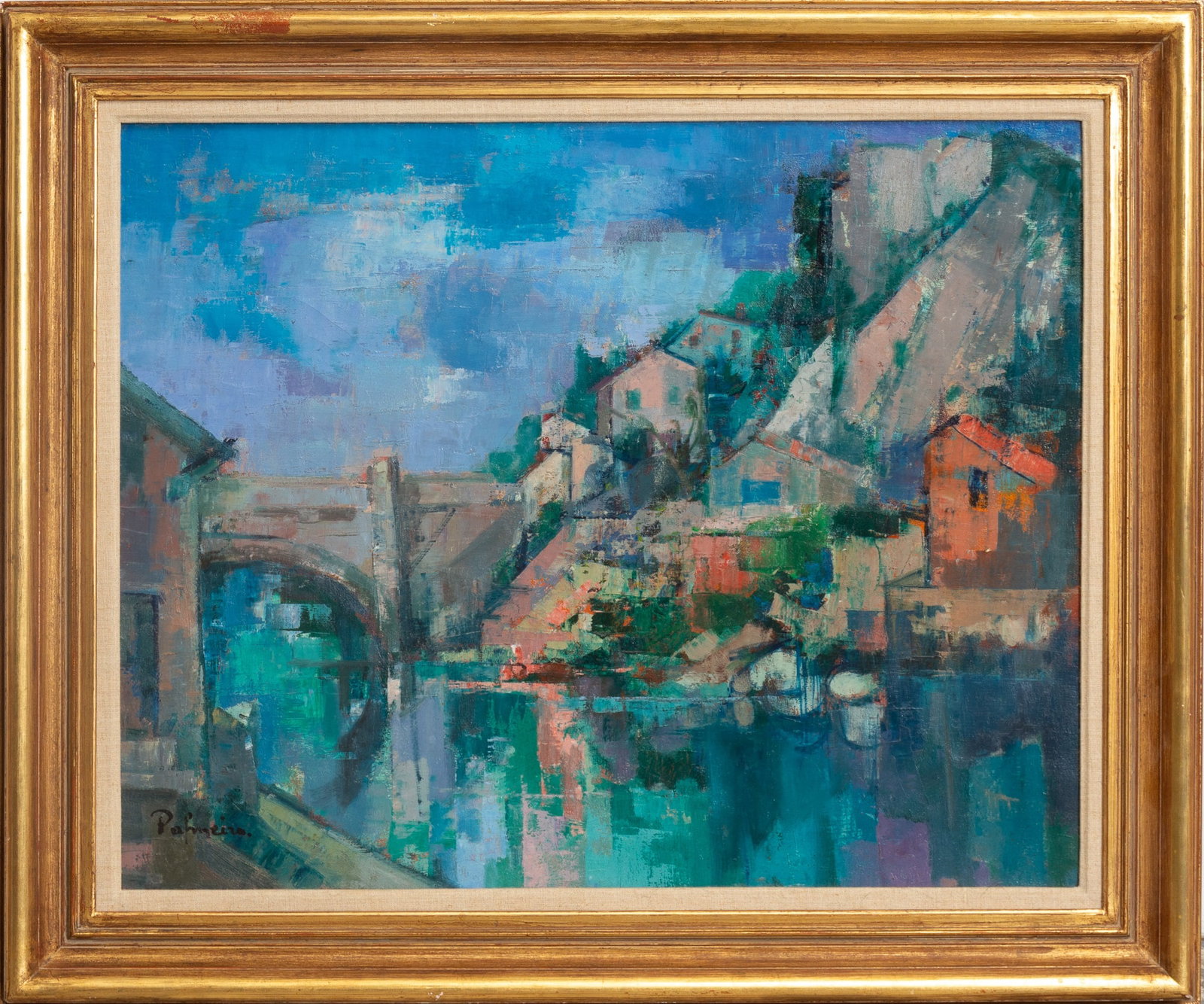 Jose Palmeiro: Oil on canvas Signed (ll) (Sight 25" h x 31" w Overall 32 1/2" x 39" ) Scratches, dents to canvas
