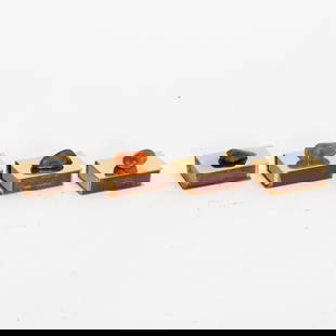 Set of Four Gilt Metal Stone Stop Matchbox Cases: With match boxes inside (5/8" h x 2 1/4" w x 1 3/4" d) Good