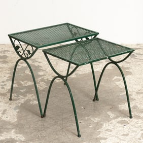 Set of Two Green Painted Metal Nesting Tables