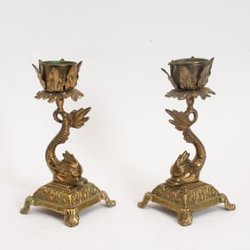 Pair of Brass Dolphin-Form Candlesticks