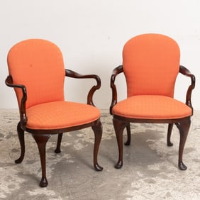 Pair of George II Style Upholstered Mahogany Armchairs