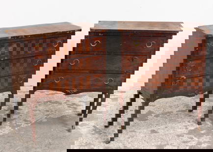 Two Marquetry Mahogany Bedside Commodes: . (32" h x 25" w x 14" d) Loss to veneer, cracks, scratches and dings