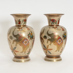 Pair of Indian Etched and Enameled Brass Vases
