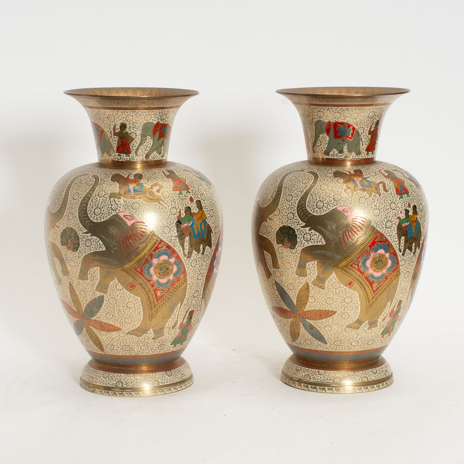 Pair of Indian Etched and Enameled Brass Vases (1 of 7)