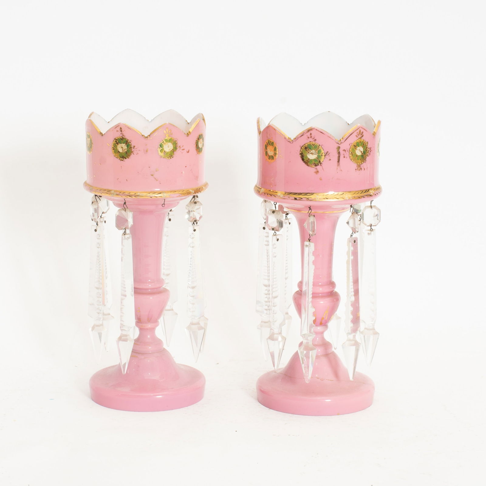 Pair of Pink Glass Mantle Lusters: . (13" h x 5 1/2" dia) Missing glass hangings, loss to finish