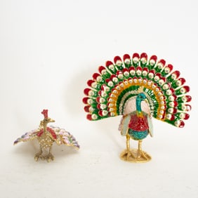 Two Gilt Metal and Enamel Peacock Form Boxes