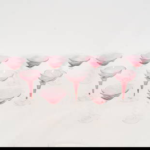 Set of Six Pink Martini Glasses;: Together with a set of three pink swirl stem martini glasses (5 1/2" h x 4 1/2" dia) Chip to one