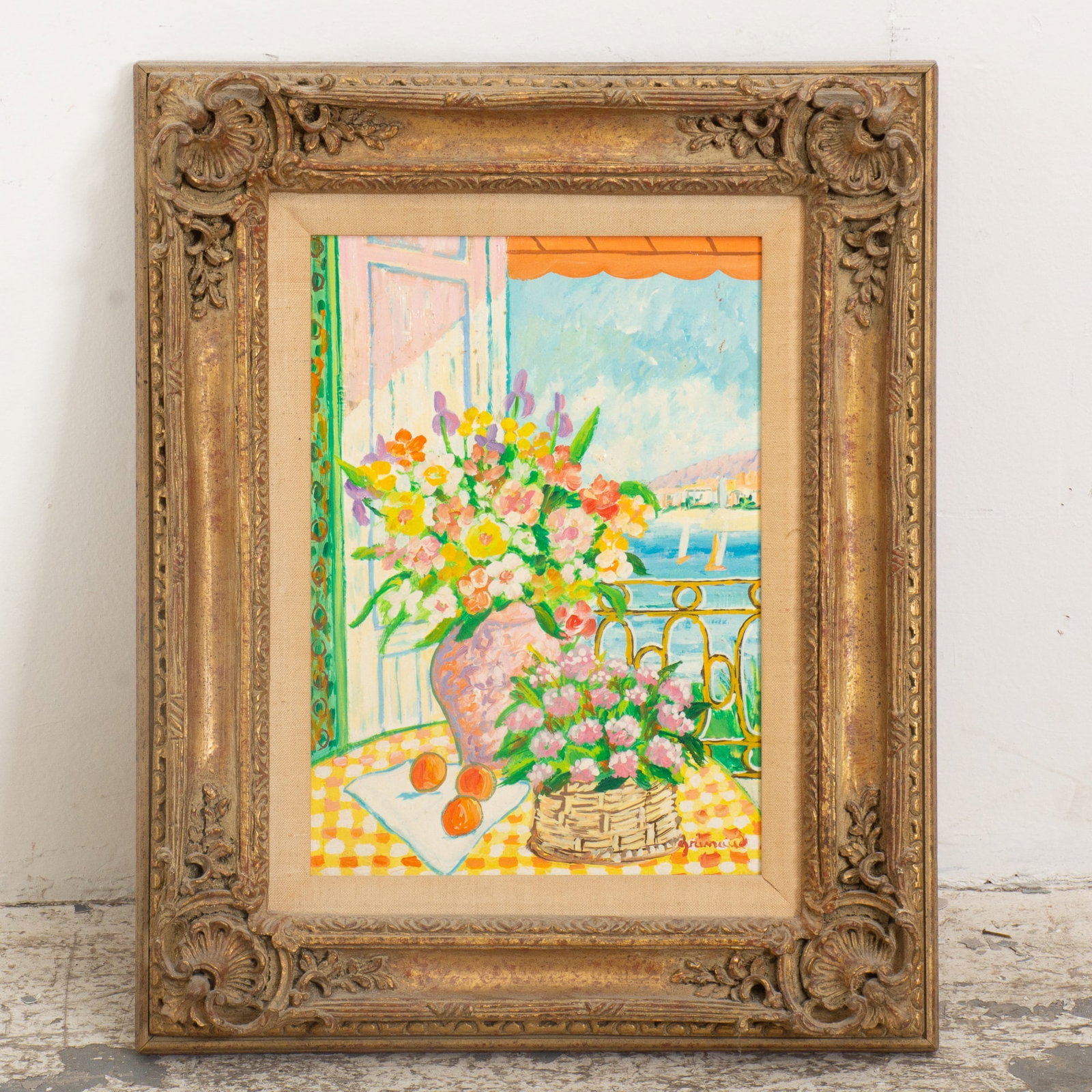 20th Century School: Window View Oil on board Signed (lr) (Sight 13 1/2" h x 9 3/8" w Overall 20 1/2" x 17") Good
