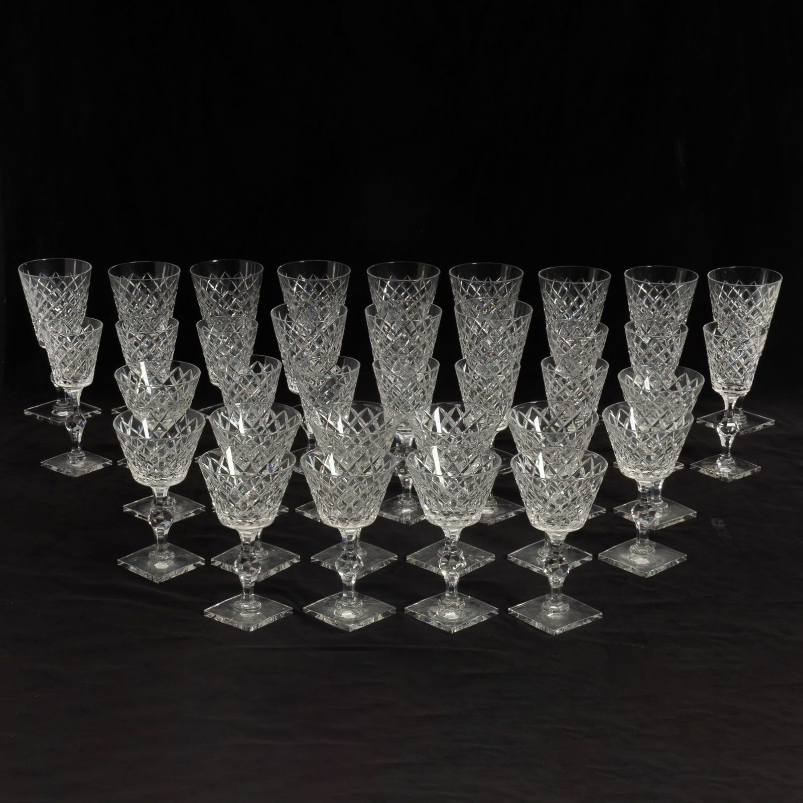 Group of Hawkes Crystal Stemware: Comprising 12 goblets, 11 wine glasses, 12 water glasses (7 3/4) chips