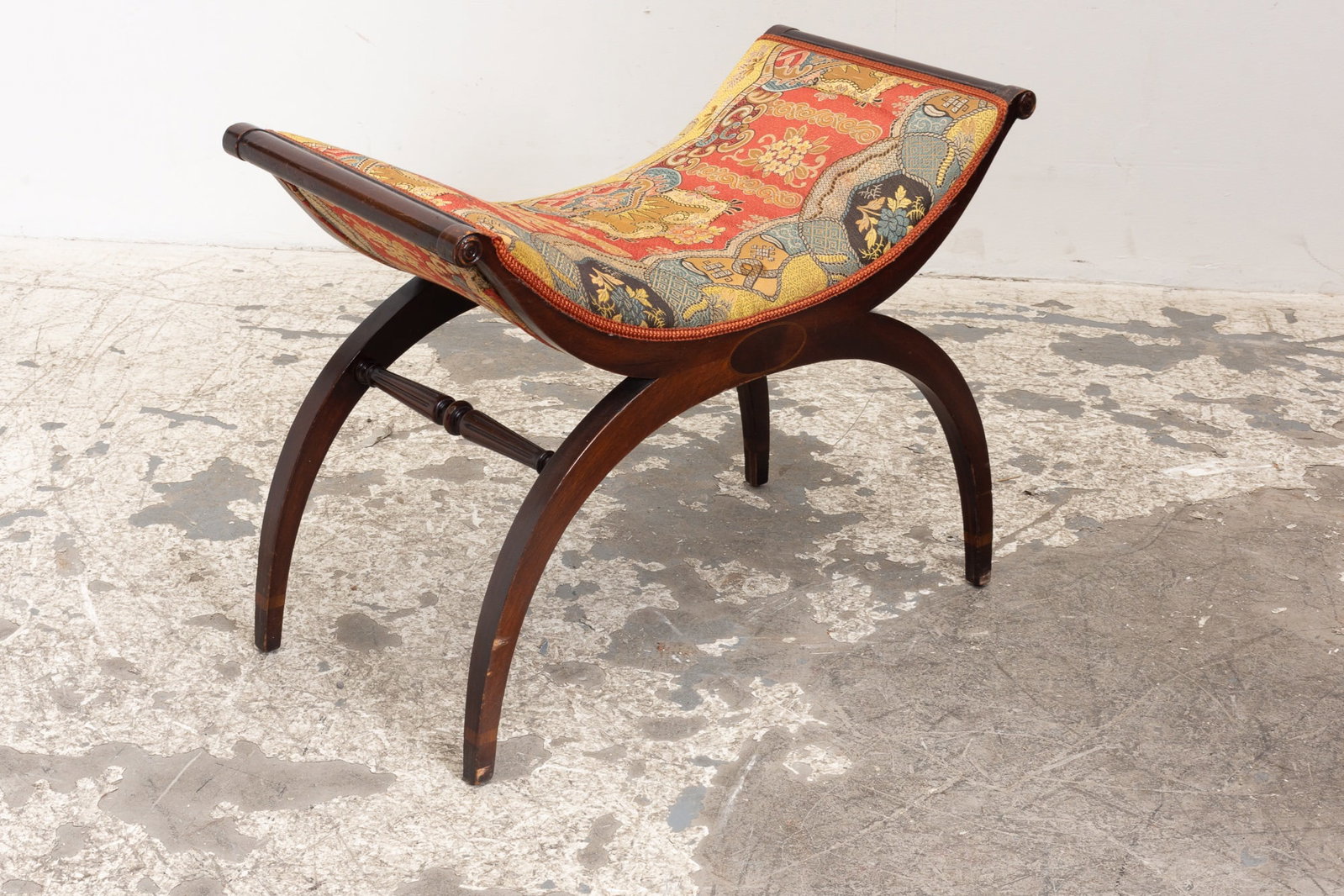 Upholstered Curule Bench: . (22" h x 29" w x 15" d) Scratches and dings