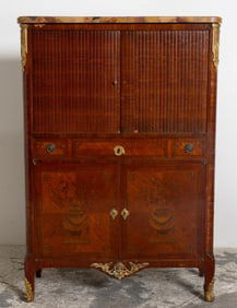 Marble Top Marquetry Secretary Chest with Brass Mounts