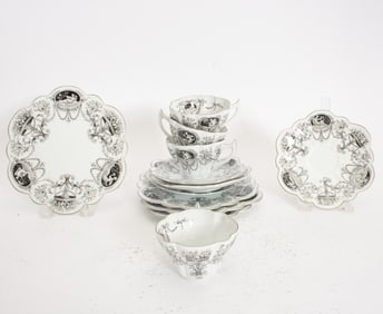 Set of Four Neiman Marcus Toile Pattern Cups and Saucers;