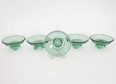 Set of Five Green Glass Footed Bowls