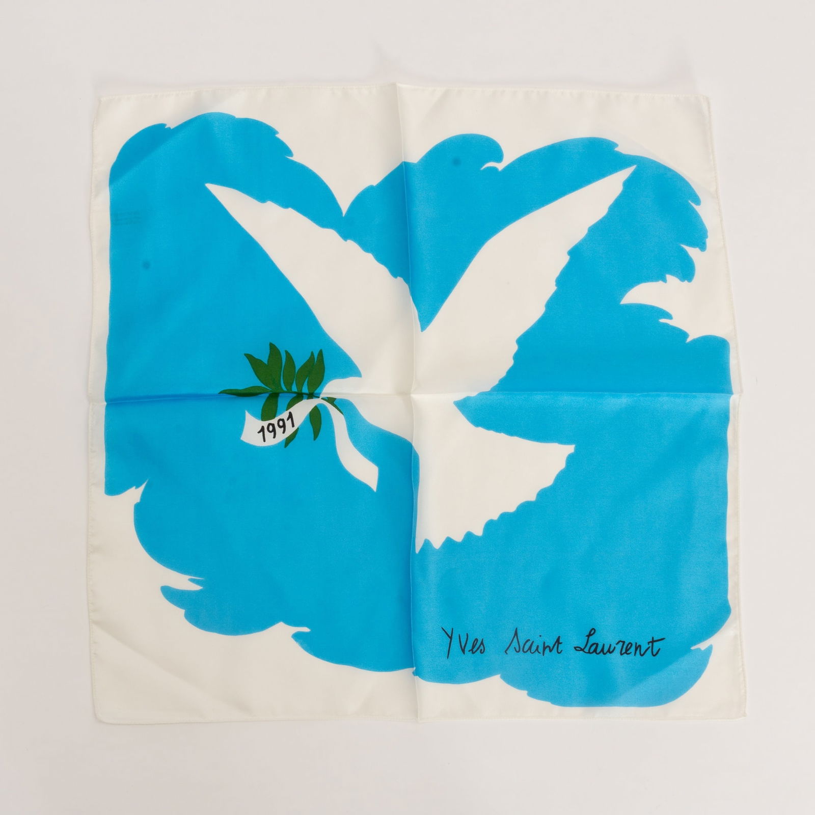 Yves Saint Laurent Silk Scarf: 1991 white dove (14 1/4" square) Good