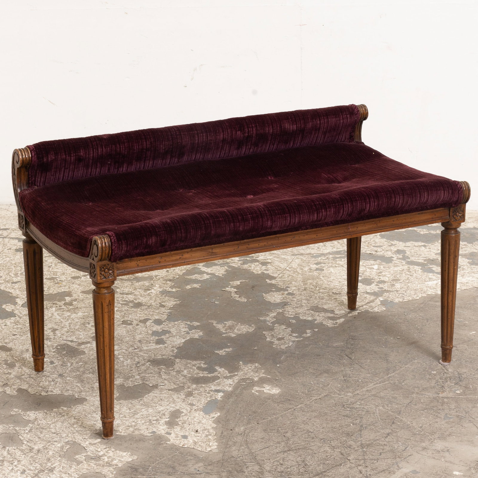 Louis XVI Style Mahogany Velvet Upholstered Bench: . (21" h x 36" w x 19" d) Scratches and dings, wear to upholstery