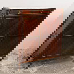 Louis XVI Style Mahogany Brass Mounted Marble Top Cabinet: . (52 1/2" h x 43 1/2" w x 23" d) Missing shelves