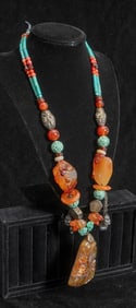 Chinese Hardstone Beaded Pendant Necklace