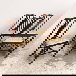 Set of Four Queen Anne Style Side Chairs: With upholstered seating (38" h x 22 1/2" w x 16 5/8" d Seat to floor 17" h) Scratches and dings, cracks, old repairs, structure not sound