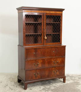 George III Banded Mahogany Secretary Bookcase: In two parts (74 1/2" h x 45" w x 17" d) Old repair to back leg, scratches