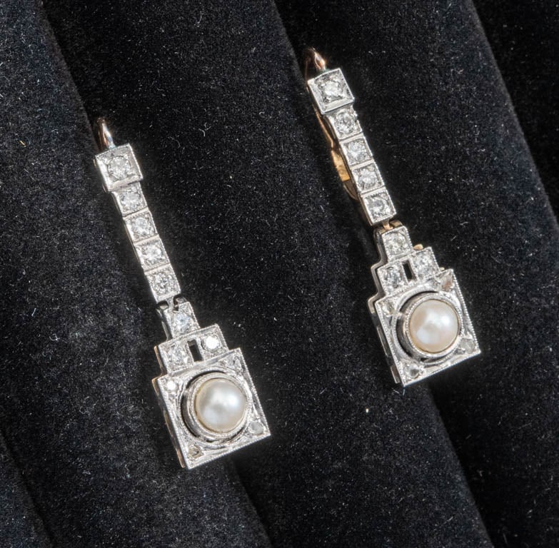 Pair of Gold, Platinum, Cultured Pearl and Diamond Pendant-Earrings: 24 round and rose-cut diamonds ap. .35 ct. 2 pearls ap. 4.9 mm. Ap. 3.5 dwts. gross. (1 1/4" l) Tests as 14 kt.