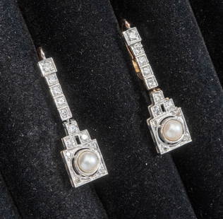 Pair of Gold, Platinum, Cultured Pearl and Diamond Pendant-Earrings: 24 round and rose-cut diamonds ap. .35 ct. 2 pearls ap. 4.9 mm. Ap. 3.5 dwts. gross. (1 1/4" l) Tests as 14 kt.