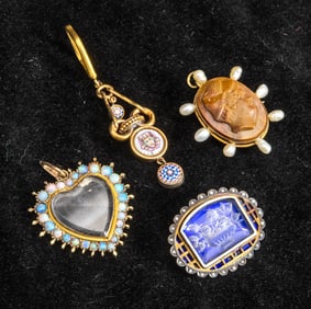 Assorted Group of Antique Gold and Silver Pendants and Brooches