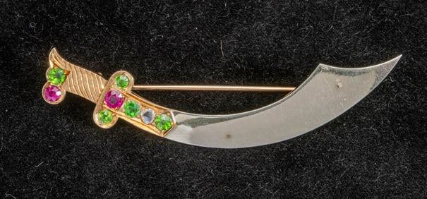 Two-Color Gold, Demantoid Garnet, Synthetic Ruby and Diamond Sword Brooch